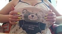 My cute stepsister aroused her huge breasts when she stayed home alone