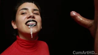 CFNM – Red turtleneck, Black lips – Handjob + Cum mouthful + Cum on clothes