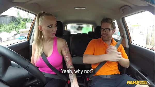 Fake Driving School Big Breasted Blonde MILF with lots of Tattoos likes it ROUGH