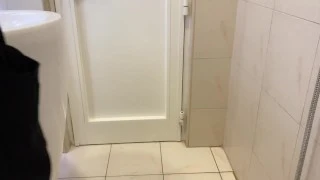 Absolutely stunning asian cock pissing so good in a public washroom with a hard on at the end