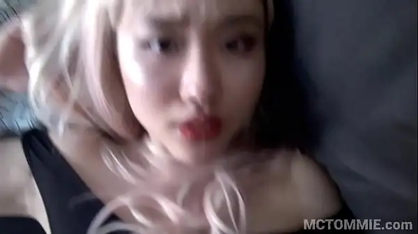 Beautiful Asian 18yo teen fucks in a pink wig and in a leotard and gets a big facial