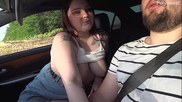 Messing with pussy in the car – tits, legs, public