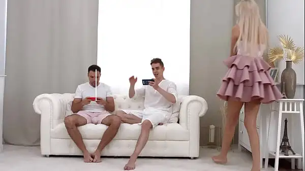 Skinny blonde gets banged by two guys