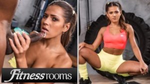 Fitness Rooms Small tits brunette takes big black cock in tight teen pussy face fuck doggystyle and cowgirl riding action