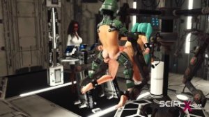 Sex in a spaceship. Space busty girl in cuffs gets fucked hard by sex robot in the lab