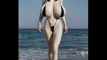 (AI) Massive Tits Girl Walking on the Beach