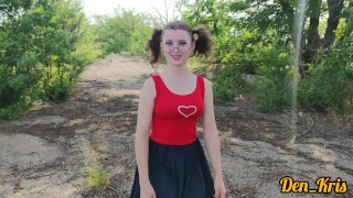 cute schoolgirl with glasses gives blowjob and sex on the old road to get a lot of cum on fa