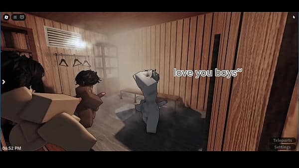 Femboy threesome in a sauna