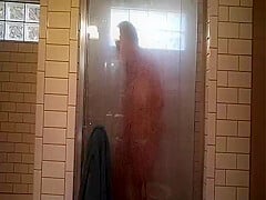 Old *** sitter viigorously rubbing clit and asshole in shower