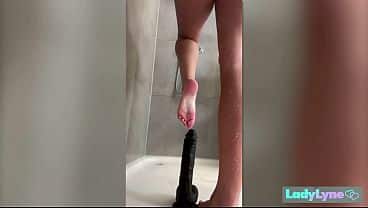 Spicy Belgian Lady Lyne rides BBC Dildo in the Shower