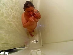 Whore Takes A Shower Spreads Legs Gags And Cleans And Shows Her Shaved Fuck Holes