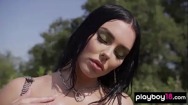 Classy big tits brunette beauty Kaitlynn Anderson relaxing nude by the pool