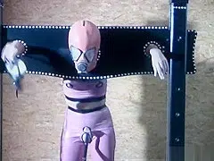 Gimp girl locked in box and pillory