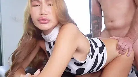 Cute Ladyboy Kimmy Cums While Riding Big Bare Cock