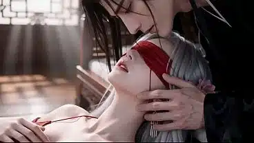 A Chinese classical beauty with skin as white as snow, dressed in red and with white hair. Blowjob, cum, first episode, AI-generated