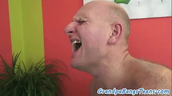 Busty teen sprayed with thick oldmans jizz