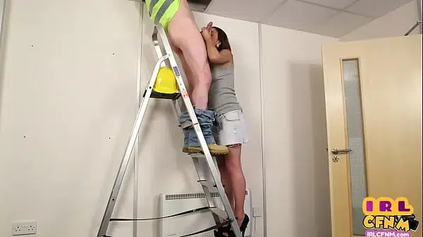 CFNM amateur femdom teen sucks repairer cock on the ladder