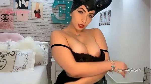 Maleficent cosplayer sexy  perfect butt  brunette in tight black latex dress dirty talking in JOI style, while teasing with her big butt and suckinh her toy, asking for some milk in her mouth