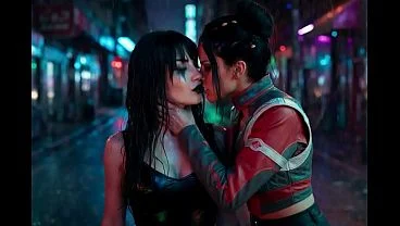 Panam Palmer from Cyberpunk 2077 in a passionate lesbian kissing scene, drooling with Nyx Loops – AI Generated