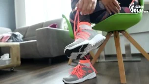 Taking care of her smelly feet after gym workout, POV (stinky feet, gym shoes, gym feet, bare feet)