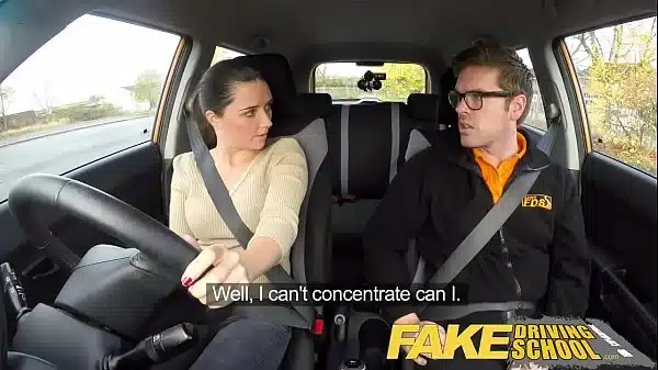 Fake Driving School – teen who just cannot drive the car frustrates the teacher and ends up in the back of the car with his cock inside her little pussy
