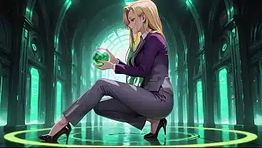 Blonde Boss in Purple Suit! Office & Train Private Moments. She’s multitasking with files while secretly adjusting her skirt… That gaze is deadly!