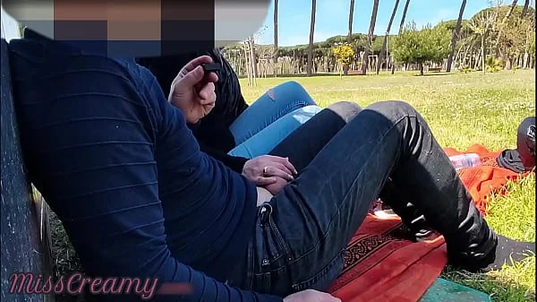 Exhibitionist Outdoor Amateur Milf Teacher Touch Big Cock on public park to voyeur with cum Risky sex close to people watching