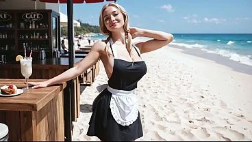 Gangbang for a cute white waitress on a public beach – AI Interactive Video